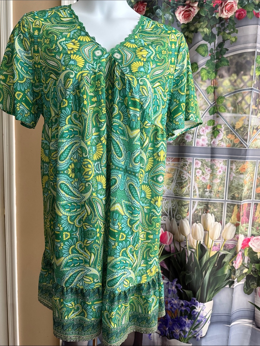 Green Paisley V-Neck Flowy Dress